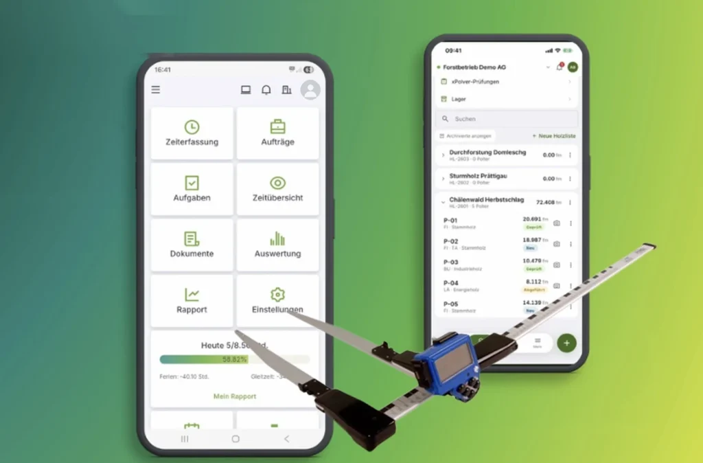 Digital barrier in front of the ForstControl app with a wood list